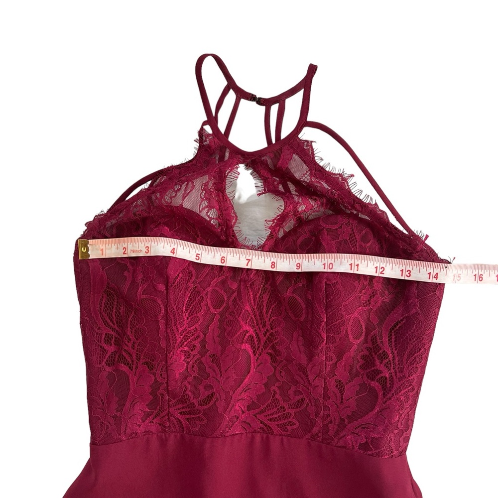 Hayley Paige Burgundy Halter Keyhole Lace Dress - Picture 10 of 12